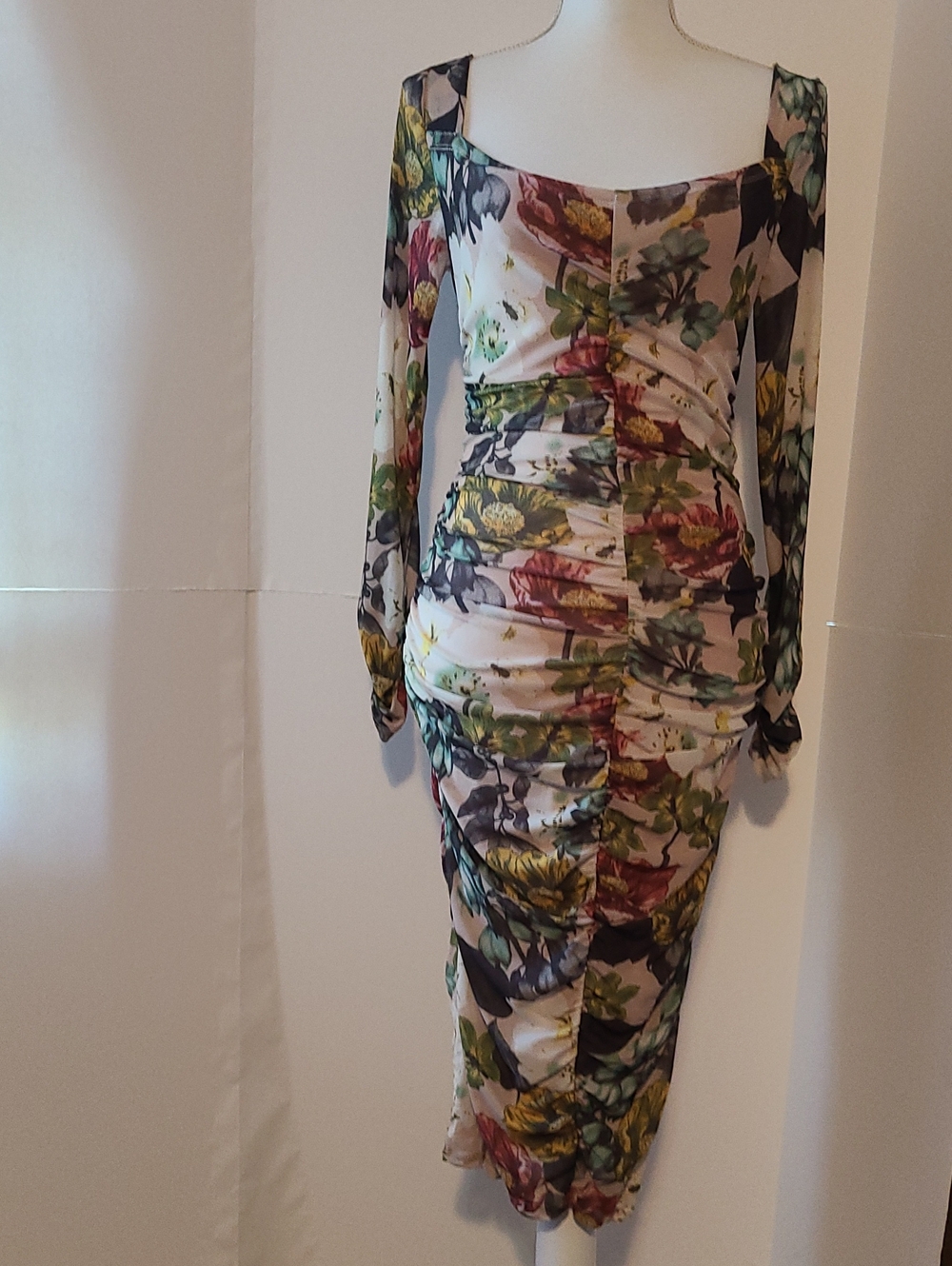 Revamped Floral Ruched Long Sleeve Midi Dress– White, Green, Yellow & Red-small